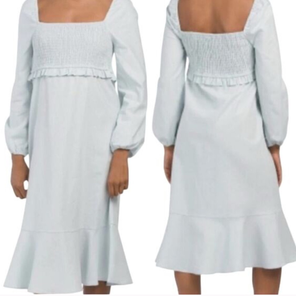 7 For All Mankind Linen Cotton Smocked Ruffled Midi Dress Womens M Cottagecore